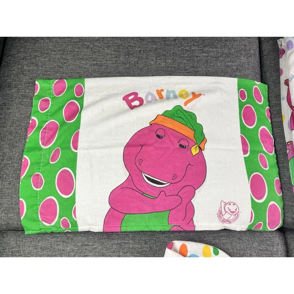 Barney Twin Sheet Set 3 Pieces Fitted Flat Sheet Pillowcase 1992 Vintage